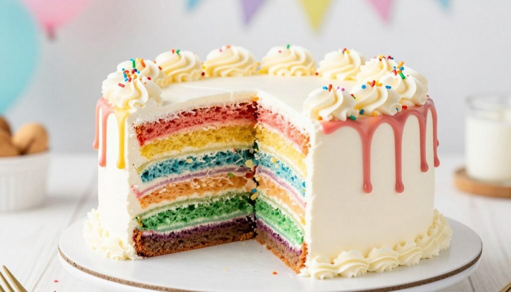 Vibrant rainbow layer cake with colorful frosting for baby girl birthday Vibrant rainbow layer cake with colorful frosting for baby girl birthday