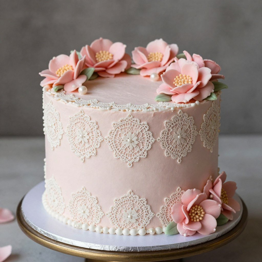 Vintage floral cake with antique lace pattern and flowers Vintage floral cake with antique lace pattern and flowers
