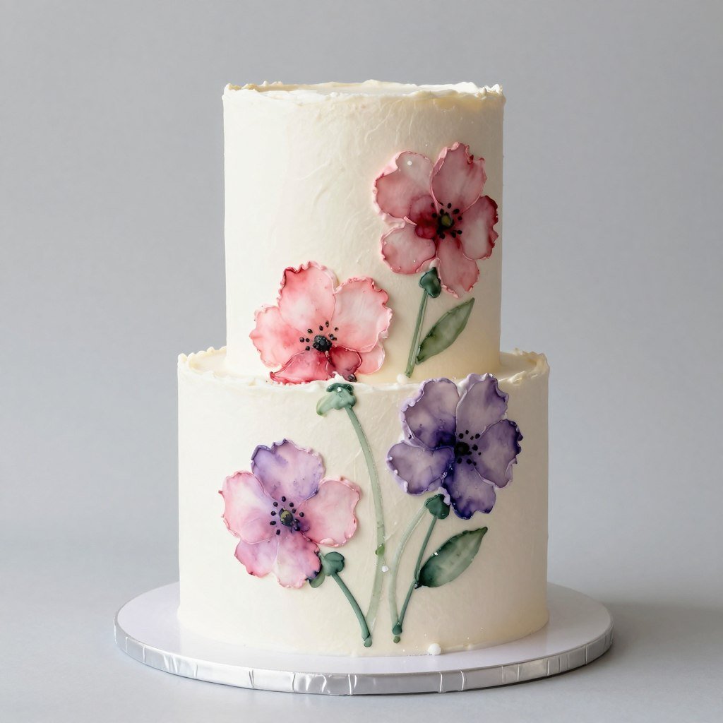 Watercolor floral cake with painted flower design Watercolor floral cake with painted flower design