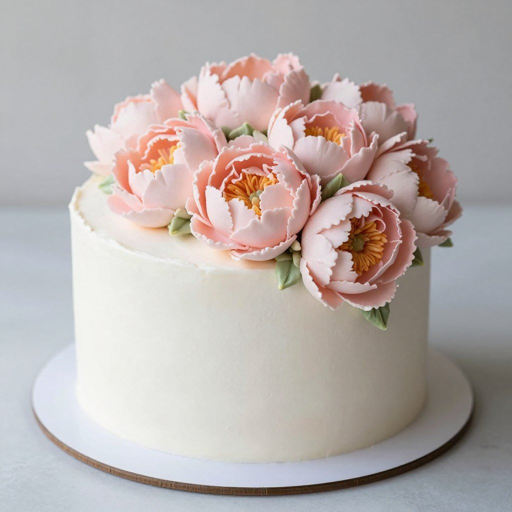 White cake with buttercream peony cluster decoration White cake with buttercream peony cluster decoration