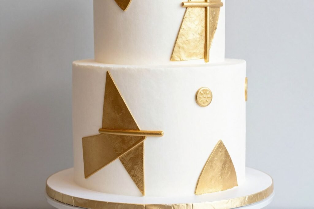 White cake with gold geometric pattern for modern birthday White cake with gold geometric pattern for modern birthday