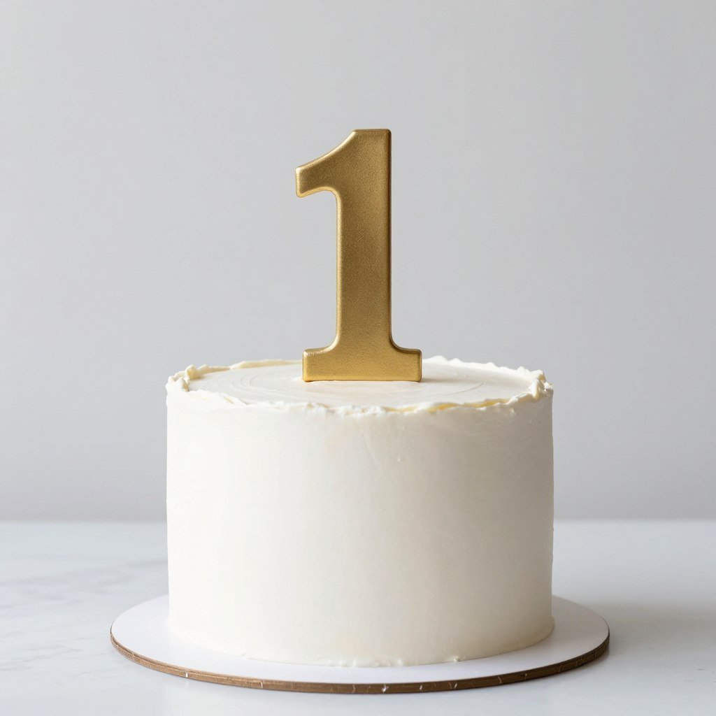 White cake with gold number one as only decoration White cake with gold number one as only decoration