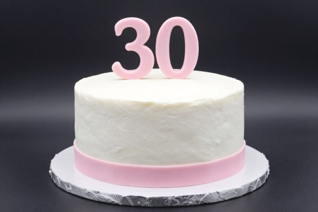 White cake with pink ribbon and simple topper White cake with pink ribbon and simple topper
