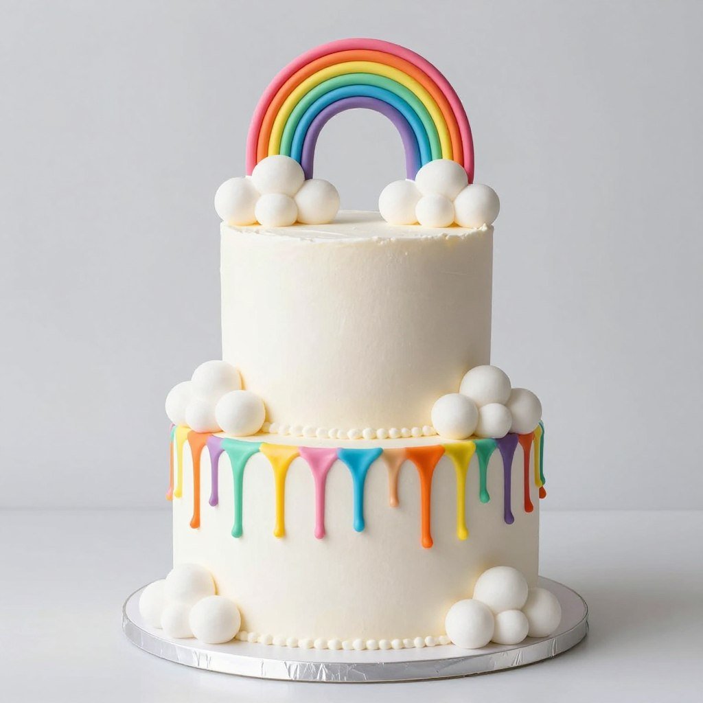 White cake with rainbow drip effect and cloud decorations White cake with rainbow drip effect and cloud decorations