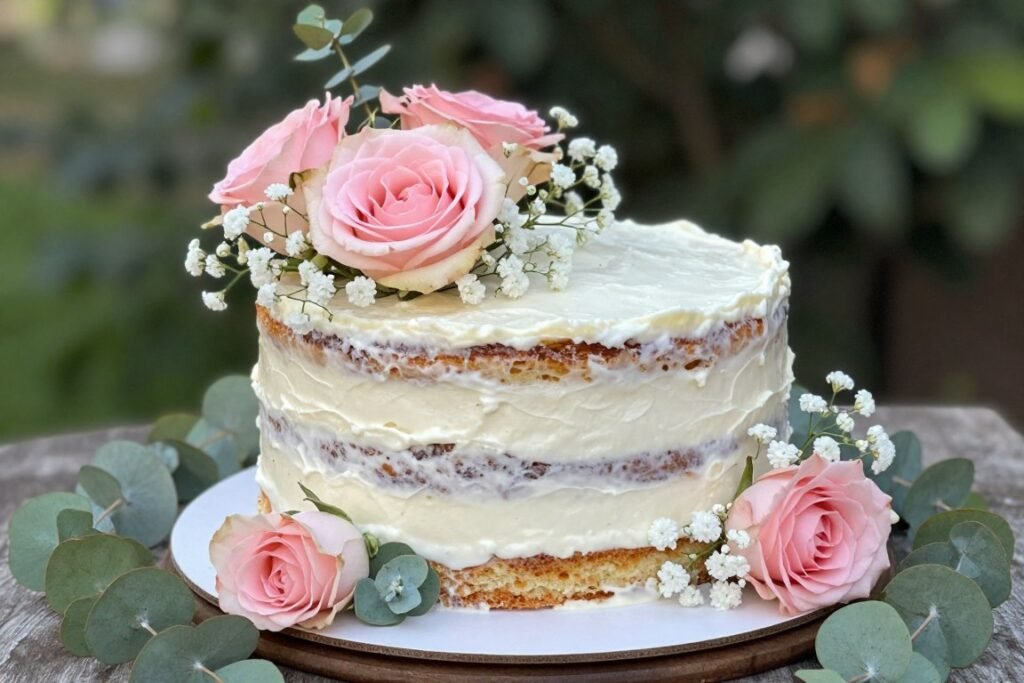 White naked cake with fresh pink roses and baby's breath White naked cake with fresh pink roses and baby's breath