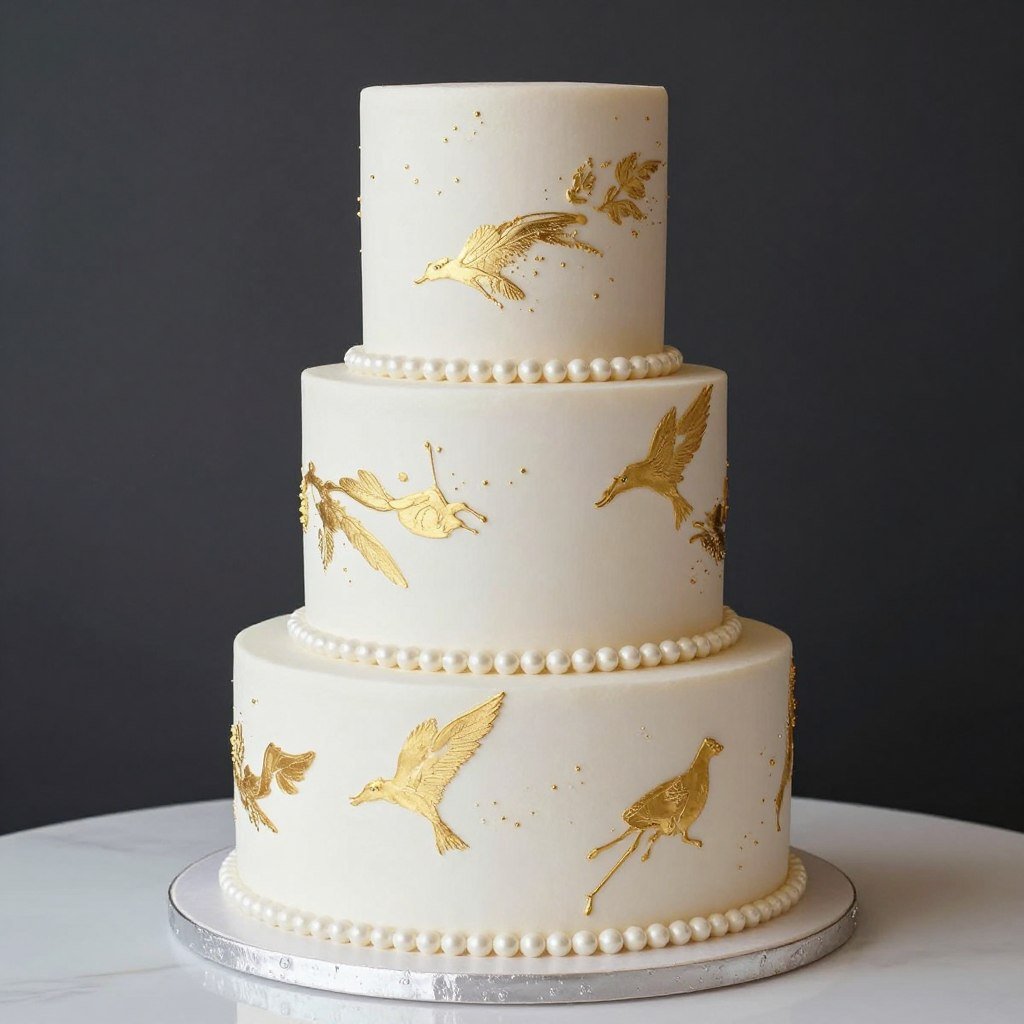 White three tier cake with gold accents and pearls White three tier cake with gold accents and pearls