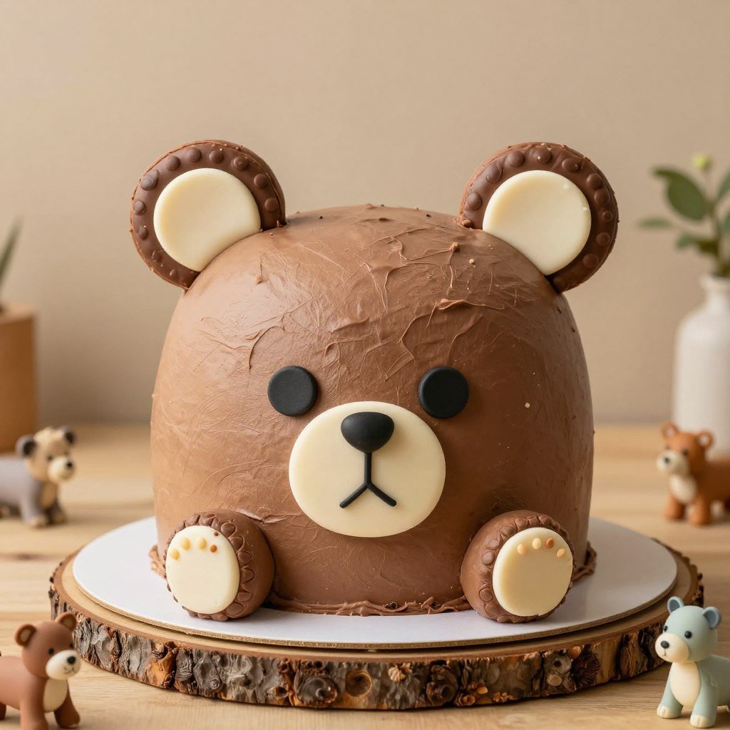 adorable animal-themed first birthday cake shaped like a teddy bear