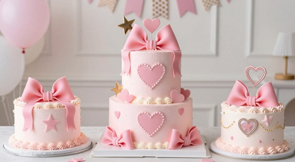 aesthetic birthday cake in coquette pink with heart shaped decorations