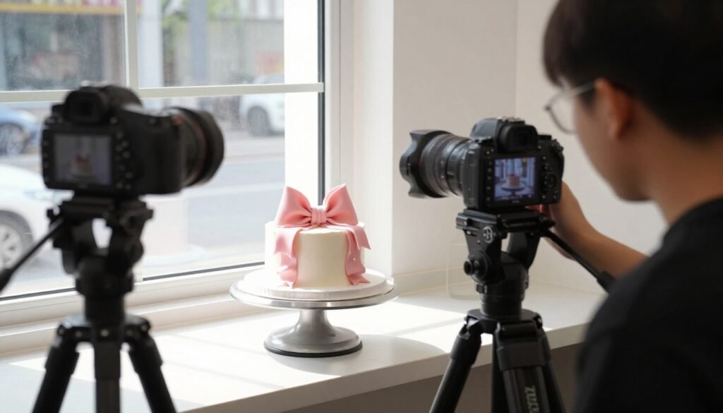 aesthetic bow cake photography setup