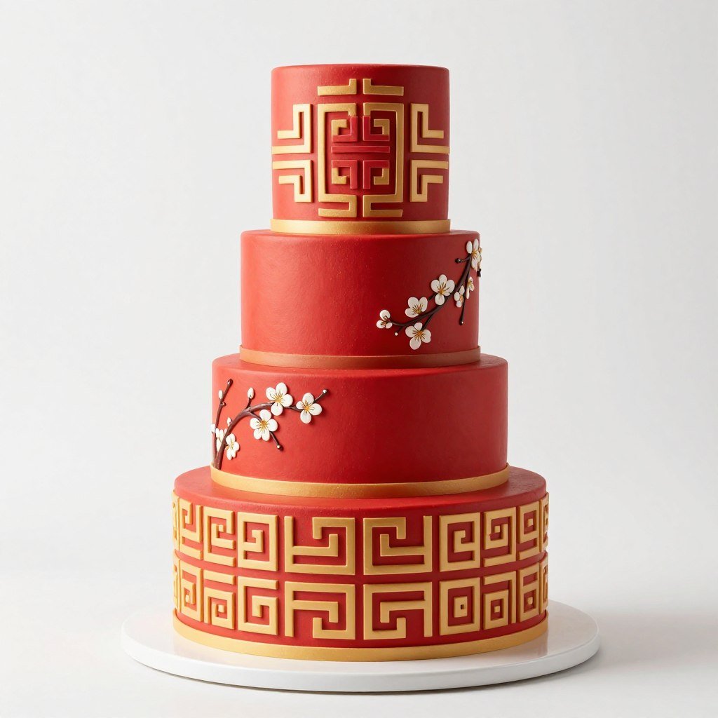 aesthetic cake designs korean red with traditional Korean patterns and modern design