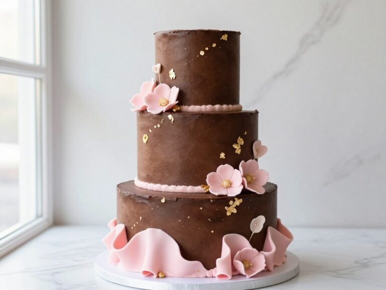 aesthetic chocolate cake designs girly with pink fondant ruffles and gold details