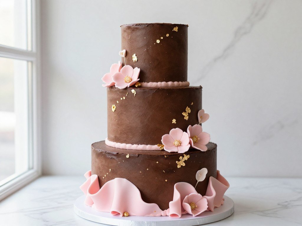 aesthetic chocolate cake designs girly with pink fondant ruffles and gold details
