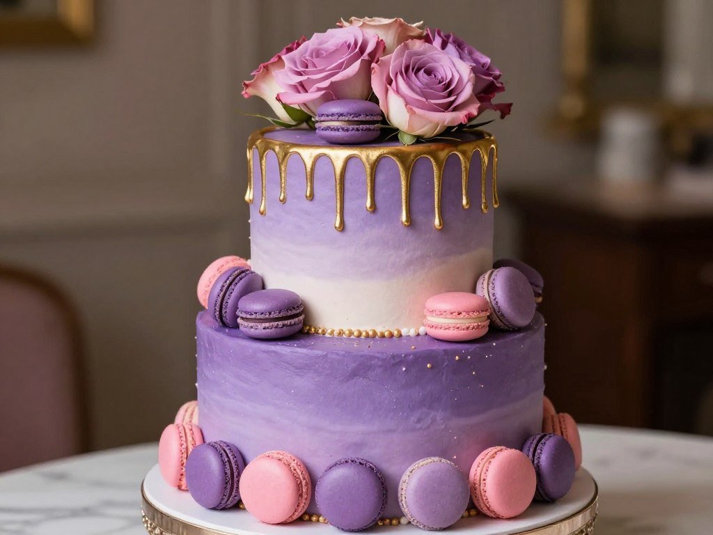 aesthetic girly purple ombre cake with macarons