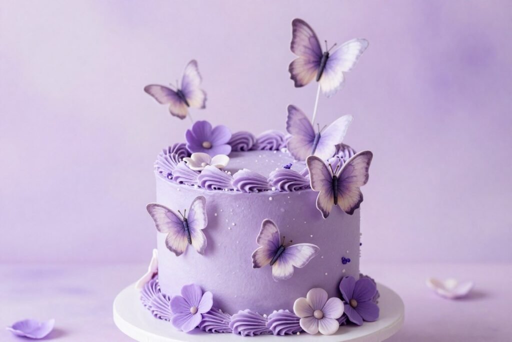 aesthetic purple birthday cake with butterflies and flowers