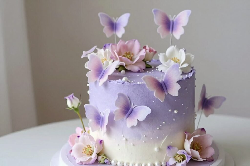 aesthetic purple cake with butterfly decorations