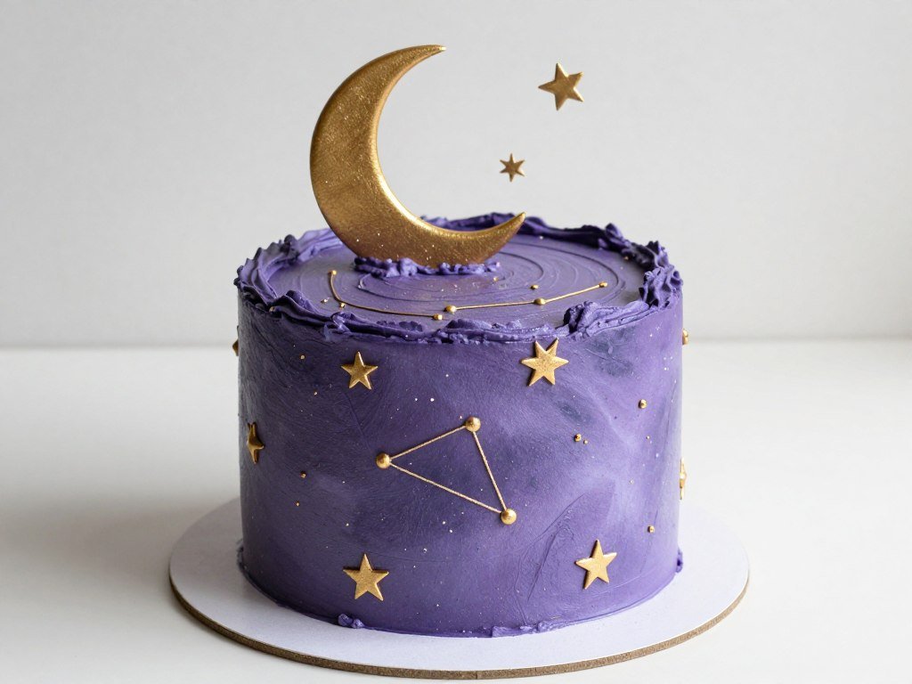 aesthetic purple cosmic cake with moons and stars