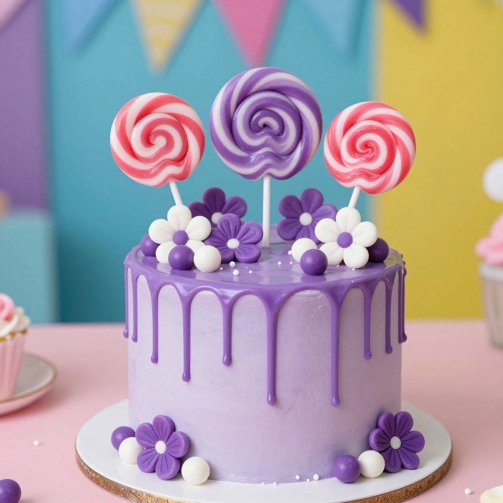aesthetic purple drip cake with decorations