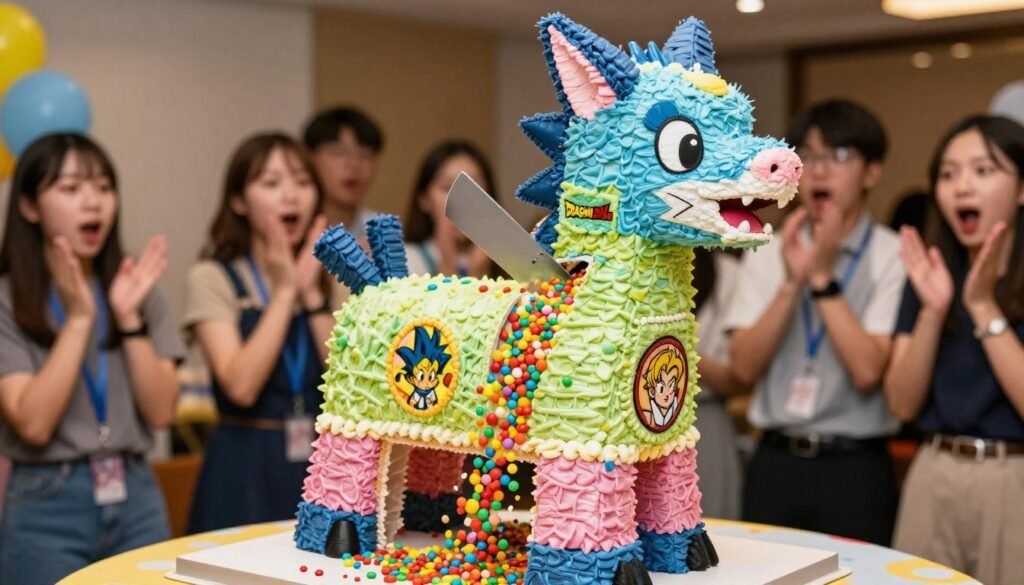 anime pinata cake being cut revealing candy surprise inside anime pinata cake being cut revealing candy surprise inside