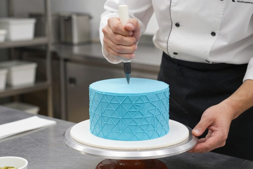 applying geometric stencil to blue cake applying geometric stencil to blue cake