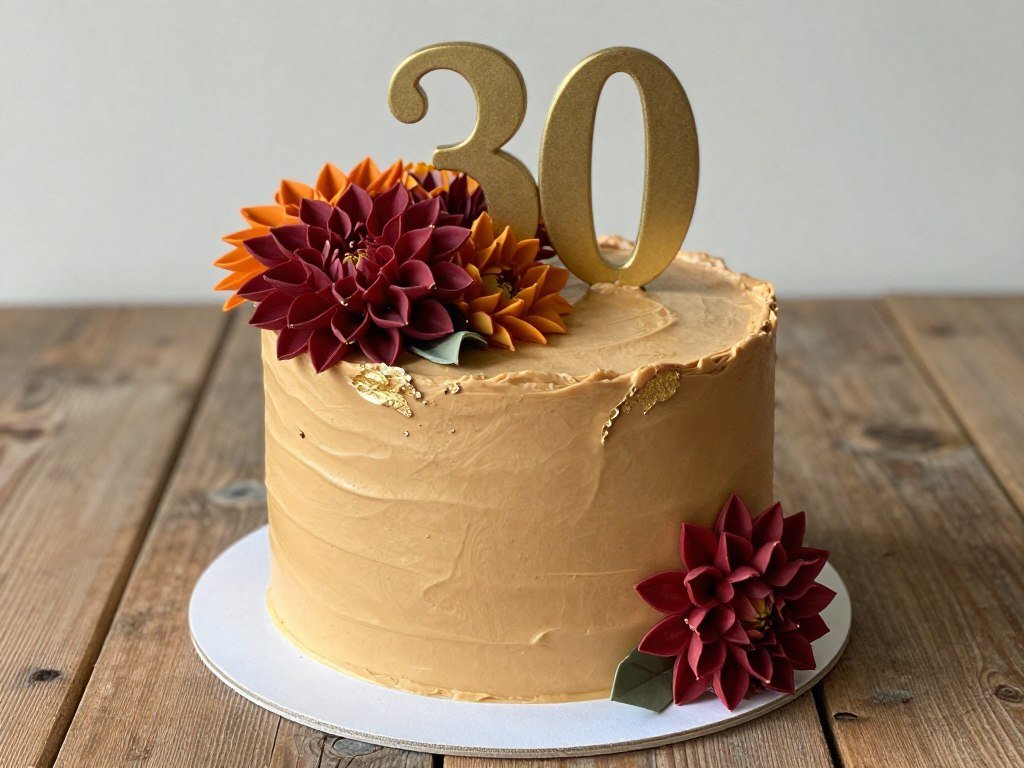 autumn-themed birthday cake with buttercream dahlias in warm tones