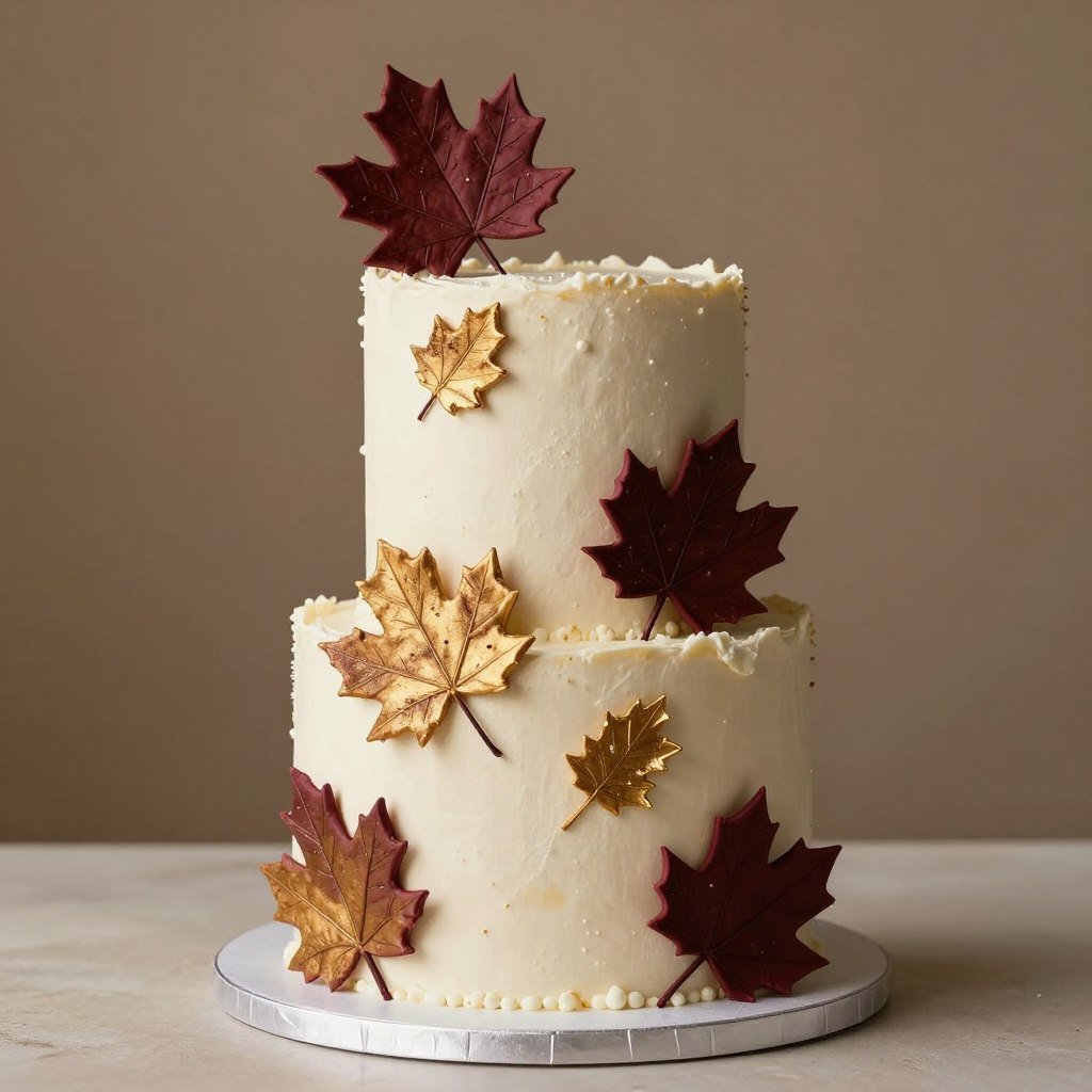 autumn-themed birthday cake with fall foliage