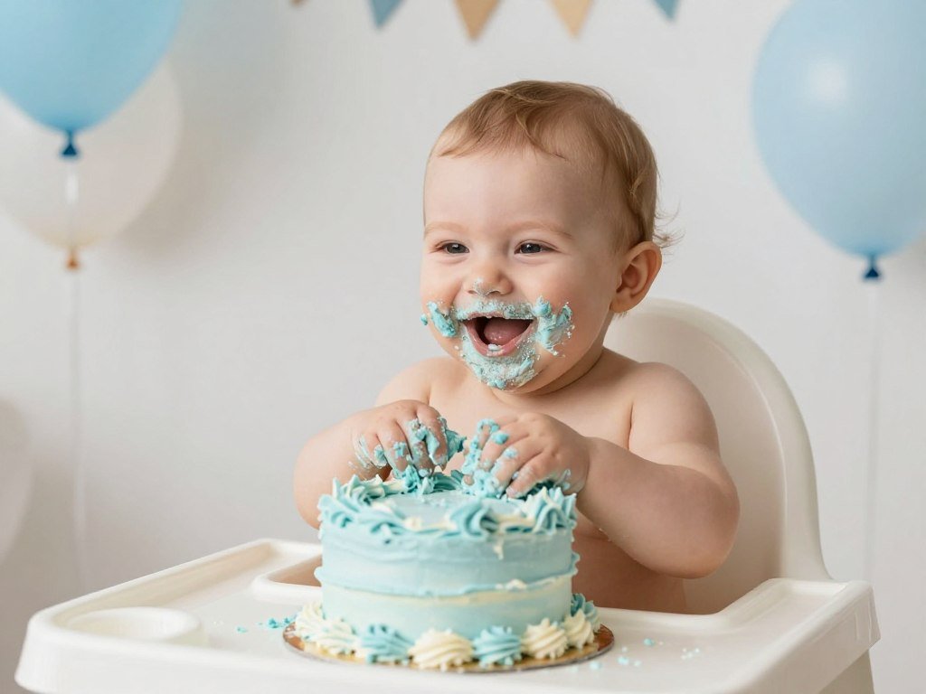 baby enjoying smash cake with frosting on face during first birthday photoshoot