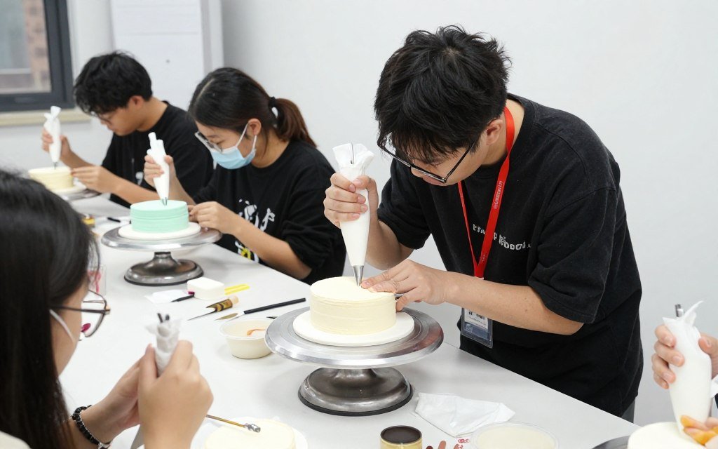 background pink showing cake decoration class in progress background pink showing cake decoration class in progress
