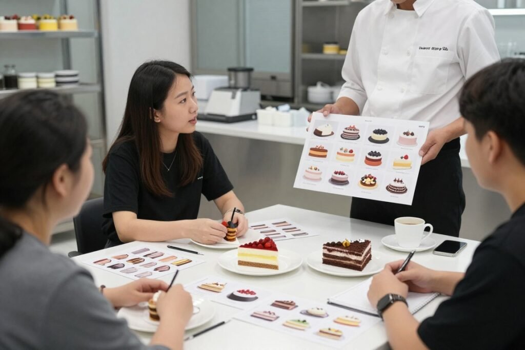 baker consultation showing cake design samples and flavor options baker consultation showing cake design samples and flavor options