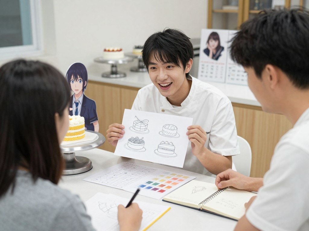baker consulting with customer showing anime cake design sketches baker consulting with customer showing anime cake design sketches
