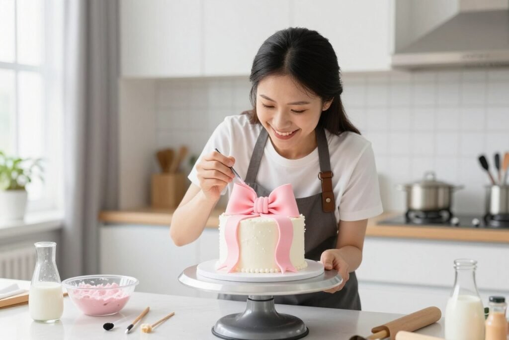 baker creating bow cake with joy