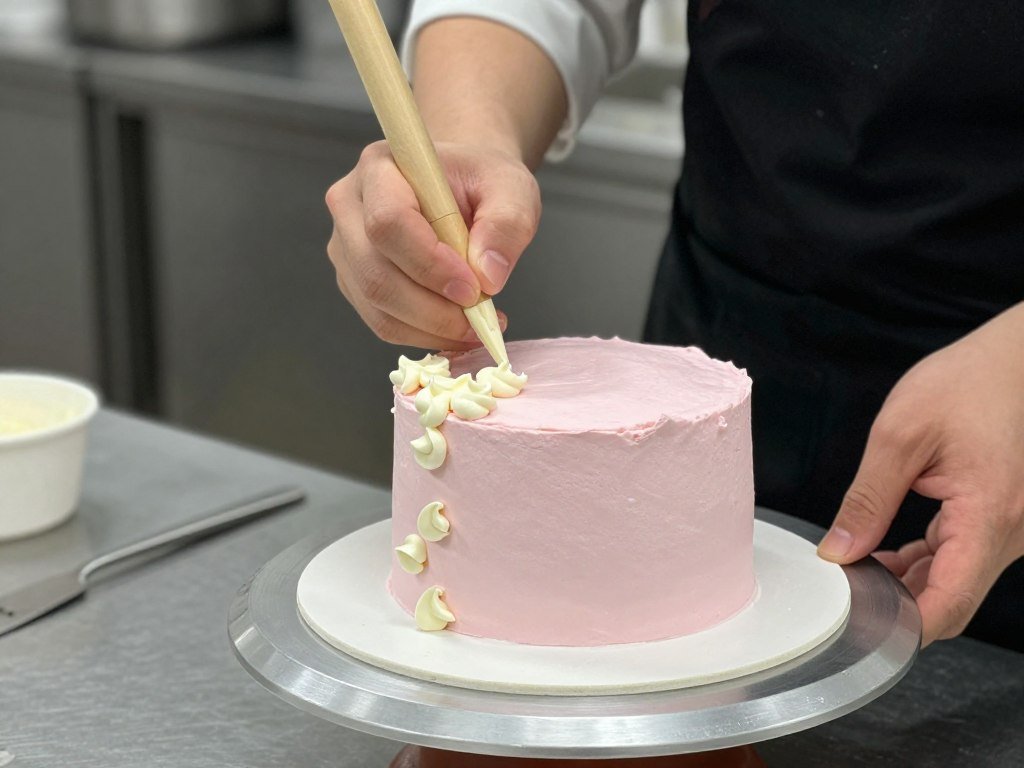 baker creating coquette pink cake with buttercream