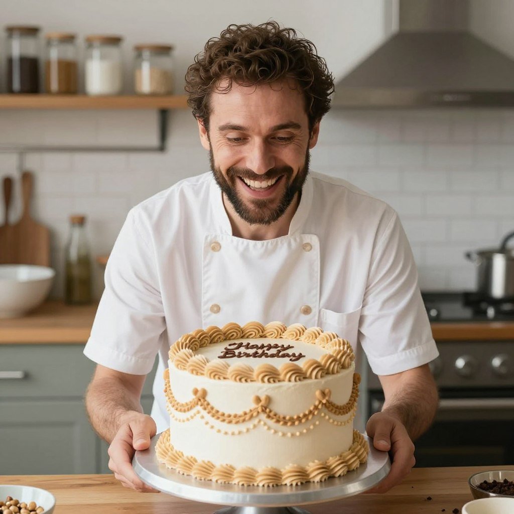 baker proudly displaying finished vintage birthday cake