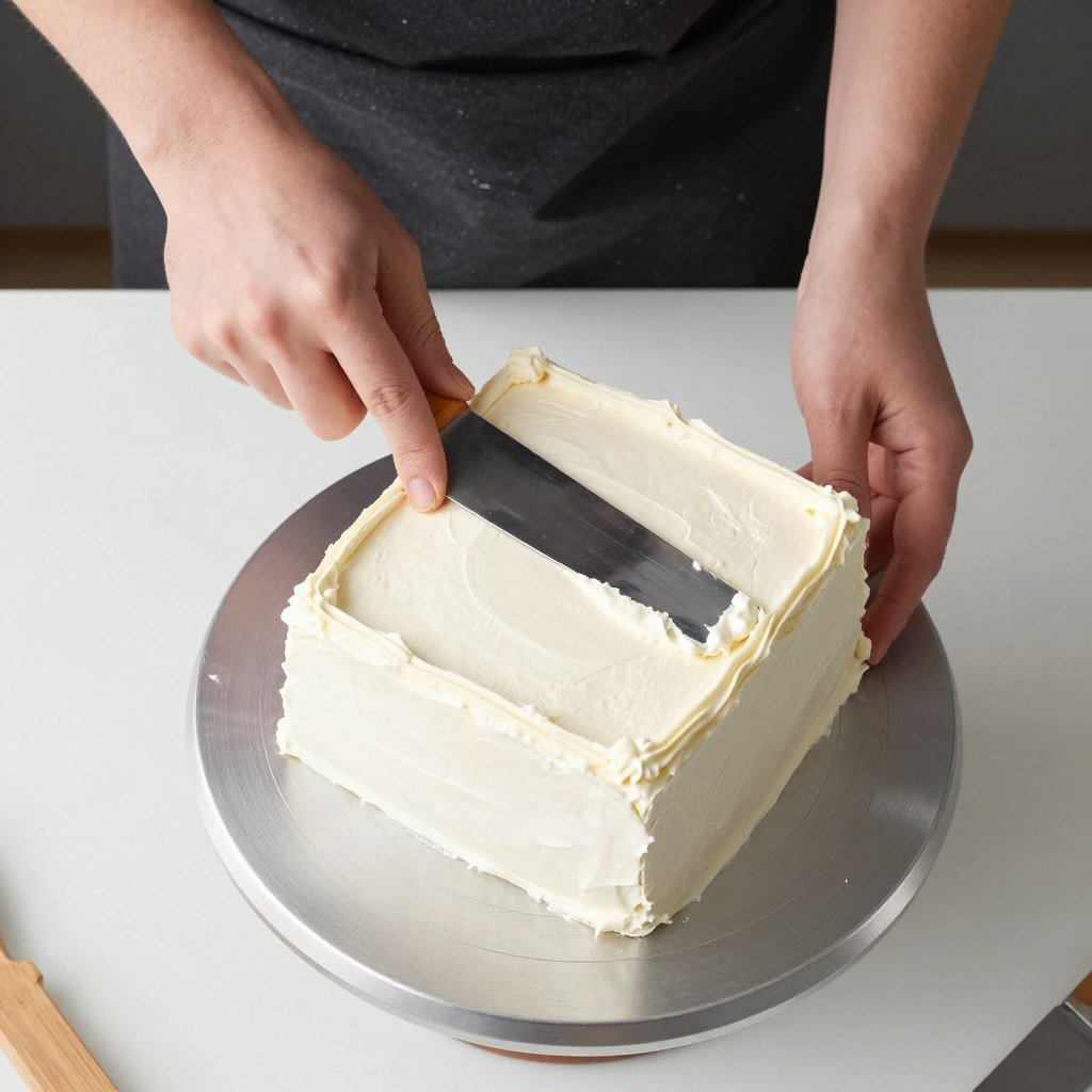 baker using bench scraper on square cake baker using bench scraper on square cake