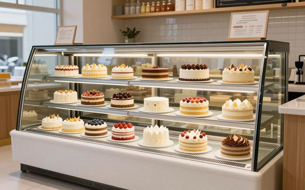 bakery display case with cakes