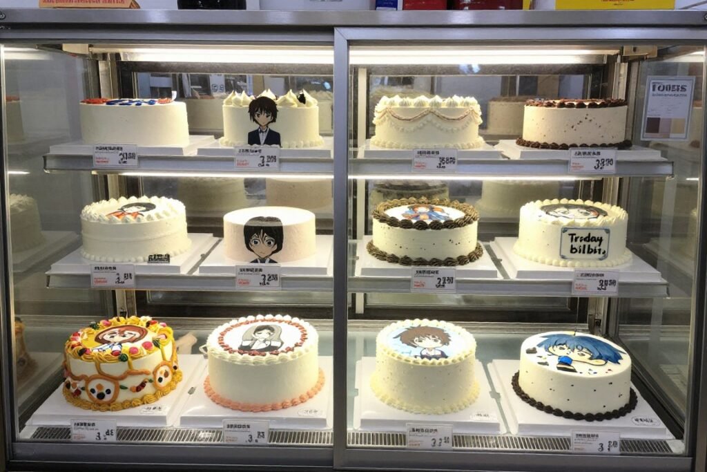 bakery refrigerator displaying ready-to-order anime birthday cakes bakery refrigerator displaying ready-to-order anime birthday cakes