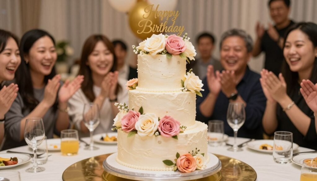 beautiful finished flower birthday cake at celebration beautiful finished flower birthday cake at celebration