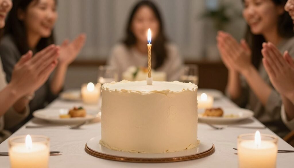 beautiful minimalist birthday cake at celebration with happy guests