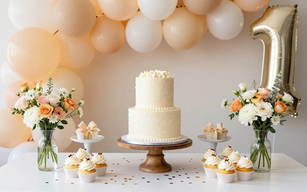 beautifully styled first birthday cake table setup with decorations