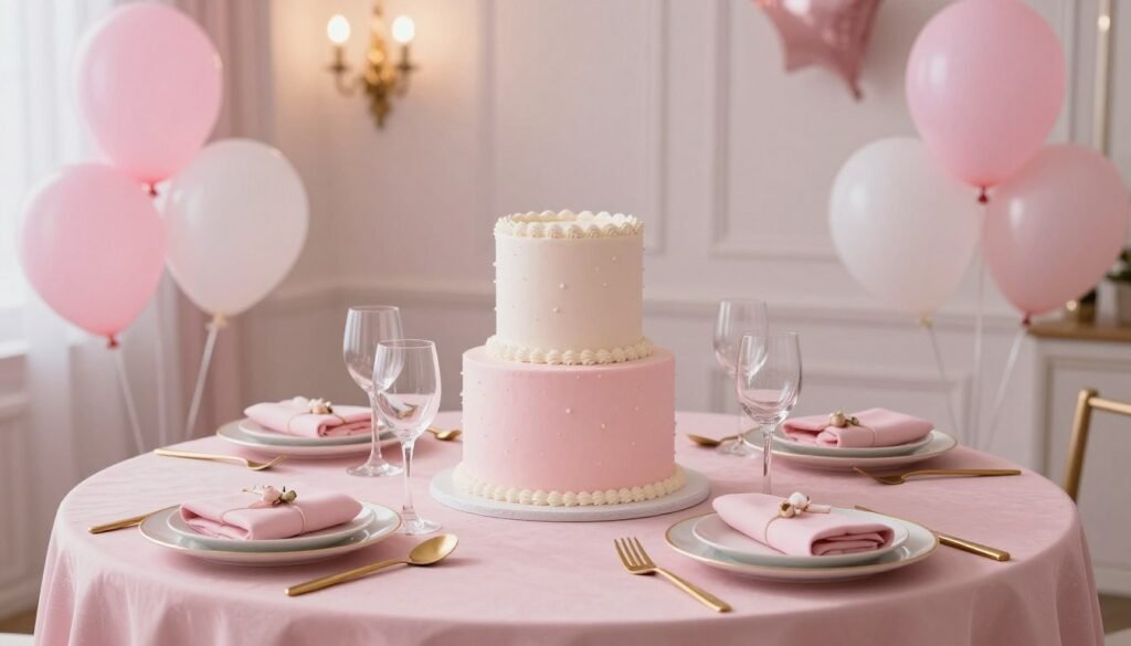 birthday cake background pink tones with elegant table setting birthday cake background pink tones with elegant table setting