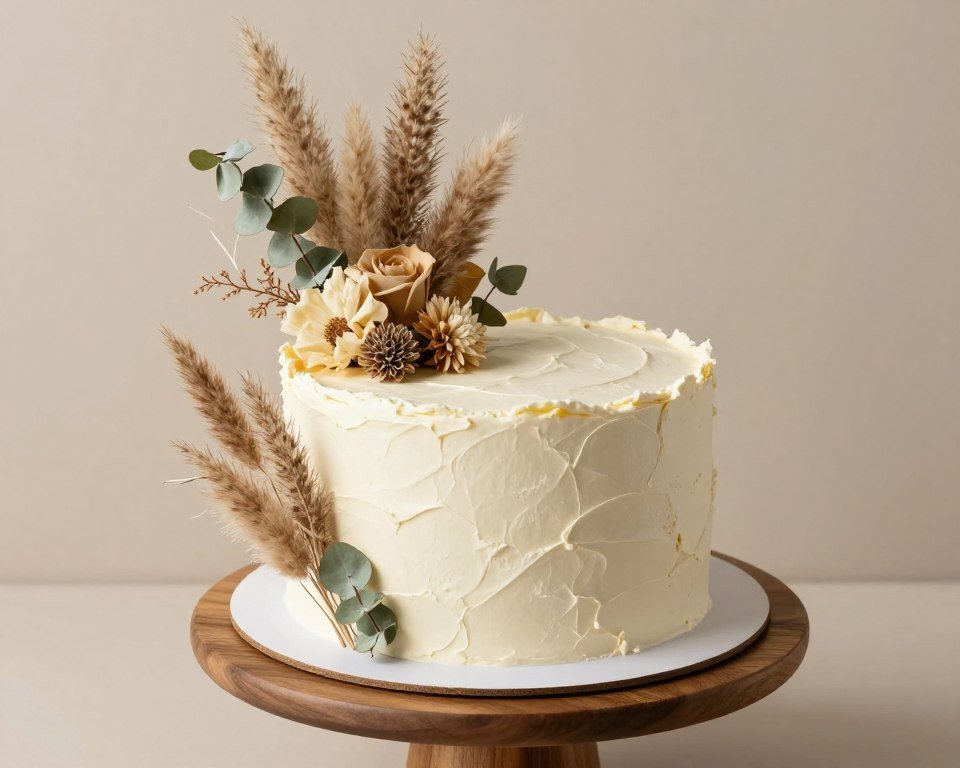 birthday cake decorated with dried flowers and fresh botanicals