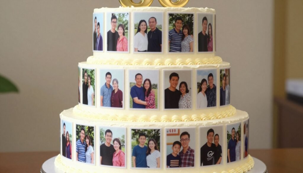 birthday cake decorated with edible family photos spanning decades