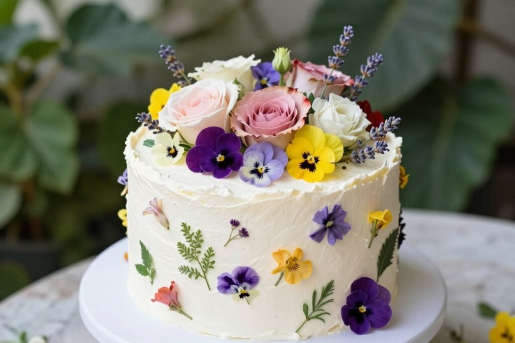 birthday cake decorated with fresh edible flowers birthday cake decorated with fresh edible flowers