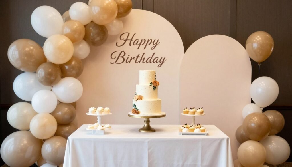 birthday cake display with backdrop and celebration decorations