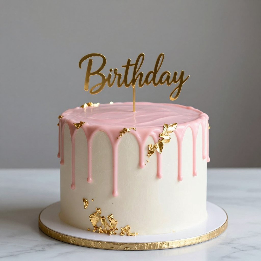 birthday cake pink with gold leaf and drip effect birthday cake pink with gold leaf and drip effect
