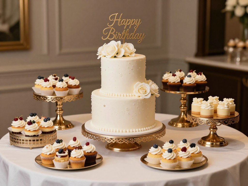 birthday cake surrounded by complementary desserts
