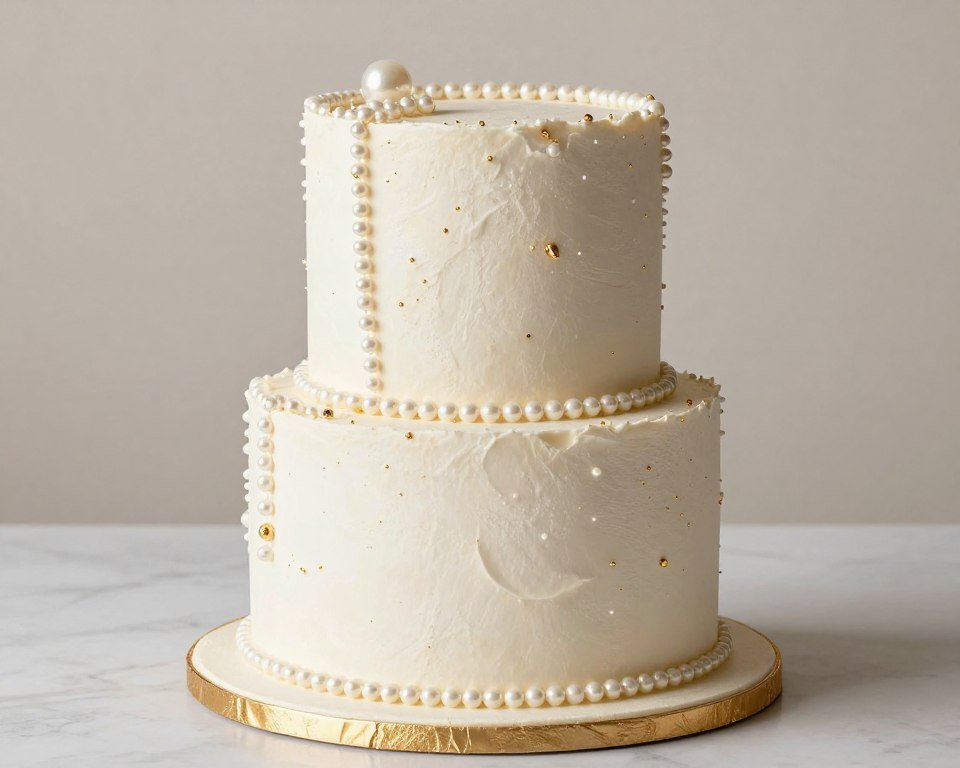 birthday cake with edible pearls and gold details for luxury finish