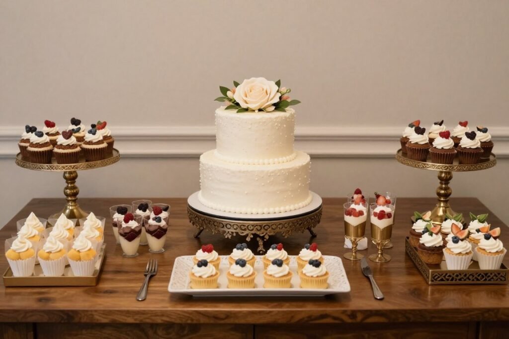 birthday cake with surrounding dessert table display
