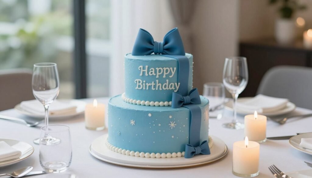 birthday celebration blue korean cake on table setting birthday celebration blue korean cake on table setting