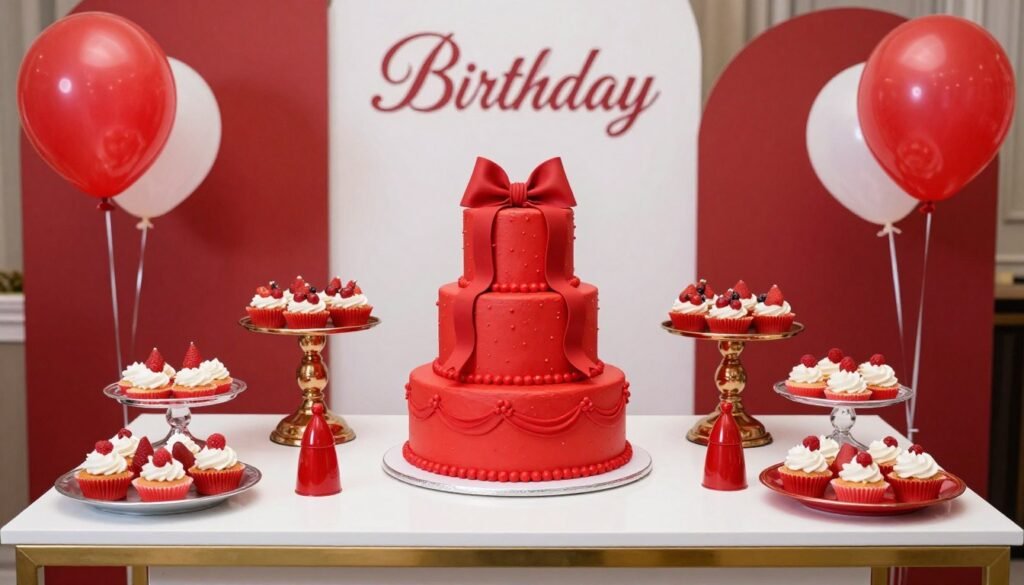 birthday party table with red coquette cake birthday party table with red coquette cake