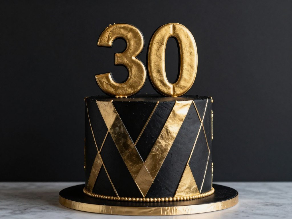 black and gold dramatic birthday cake with geometric patterns